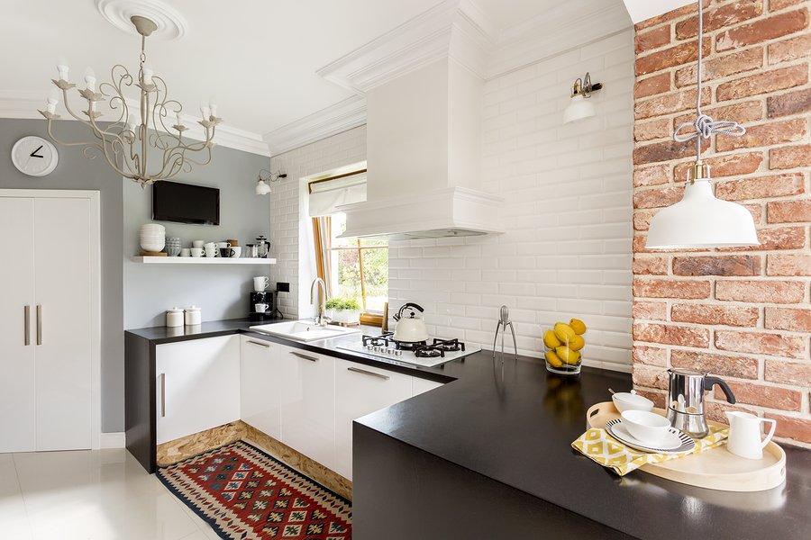 White and red brick in little trendy kitchen